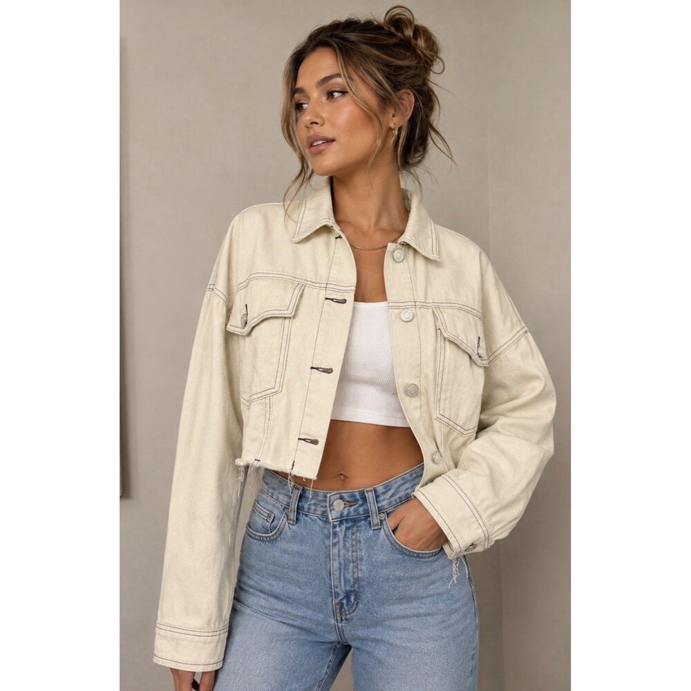 MISSGUIDED Lemon Denim Contrast Stitch Cropped Jacket NWT US 4 UK 8
